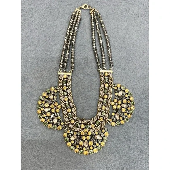 Vintage Statement Rhinestone Collar Necklace Citrine Green Costume 3 Strand Bead - Picture 2 of 9